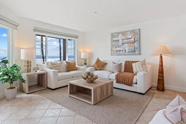 a living room with furniture and a potted plant on table