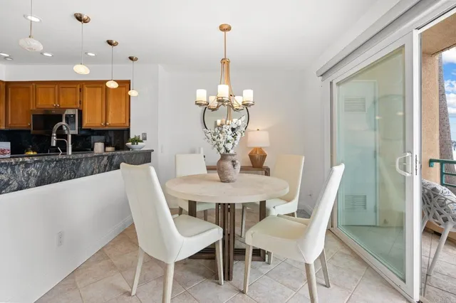 a view of a dining room with furniture window and outside view
