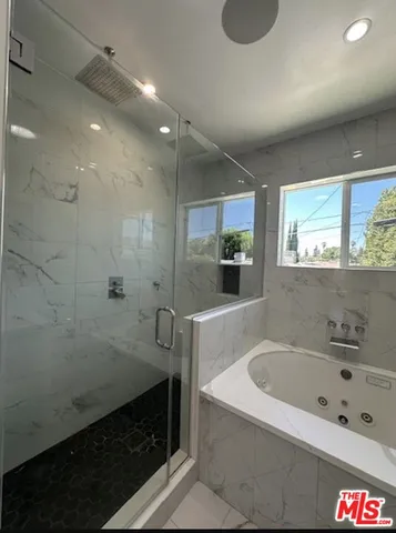a bathroom with a bathtub and a shower