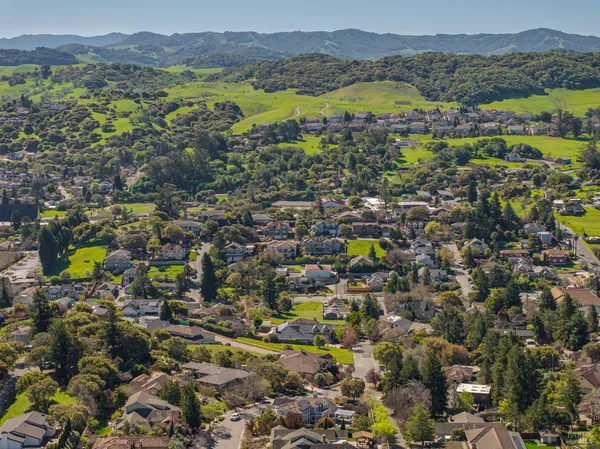 an aerial view of residential houses with outdoor space and trees