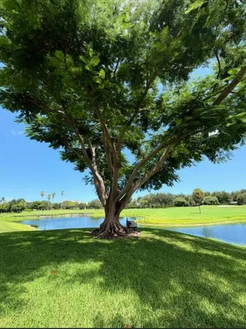 a view of swimming pool with outdoor seating and trees