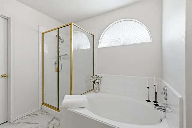 a bathroom with a bathtub and a shower