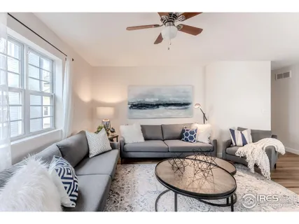 a living room with furniture a rug potted plant and a window