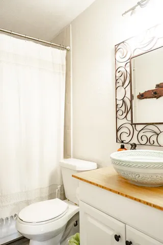 a white toilet sitting next to a shower