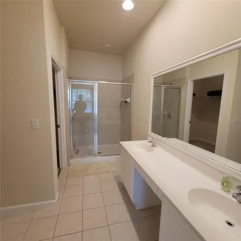a bathroom with a sink a shower and a mirror