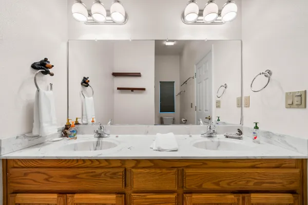 a bathroom with a sink vanity and a mirror