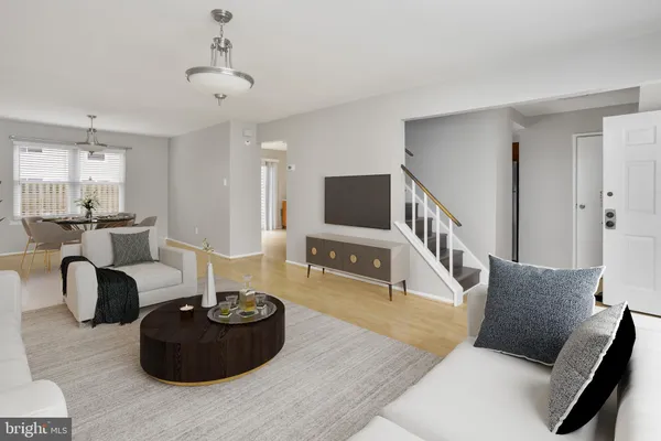 a view of a dining room with furniture