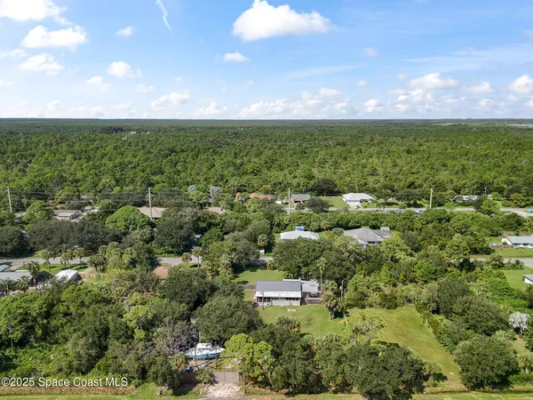 an aerial view of residential houses with outdoor space and trees