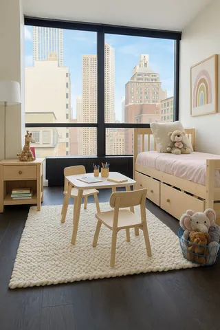 a living room with furniture and a table