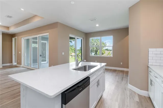 a kitchen with a sink appliances and a counter top space