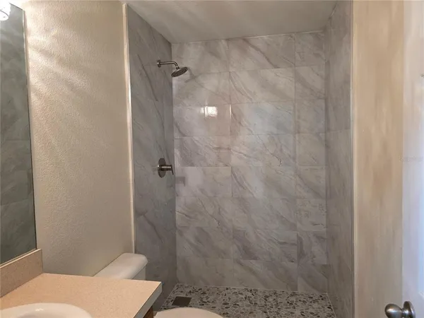 a bathroom with a shower and a toilet