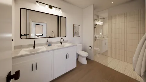 a bathroom with a double vanity sink mirror and toilet