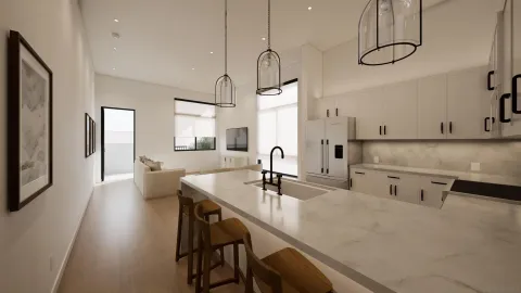 a room with two chairs and chandelier