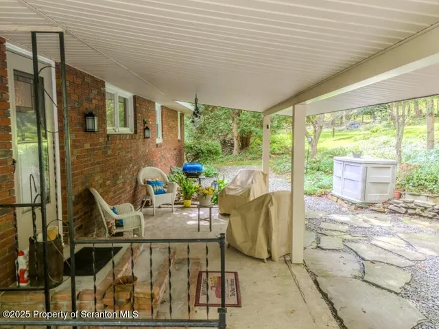 a view of a yard with large trees