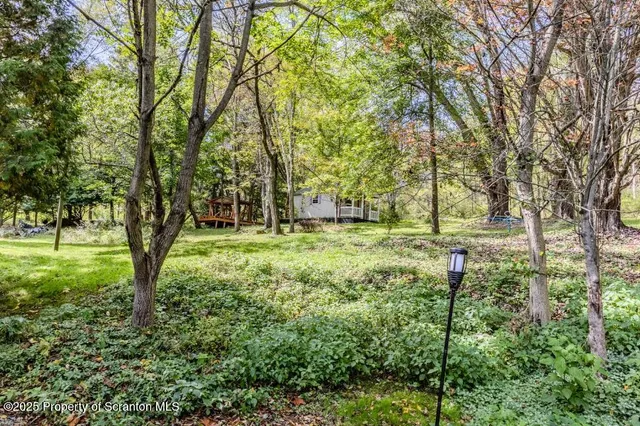 an aerial view of a house with yard and trees in the background
