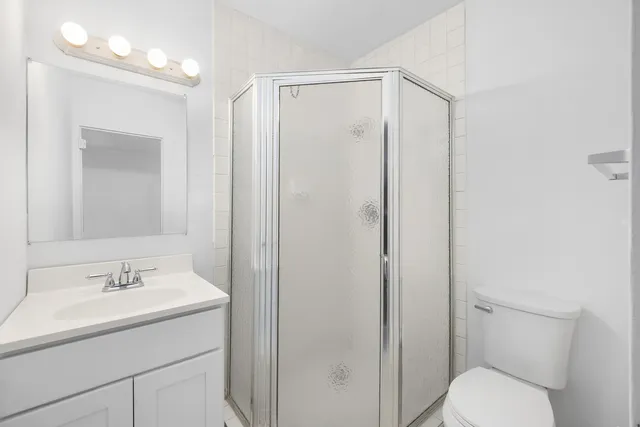 a bathroom with a toilet a sink a mirror and vanity