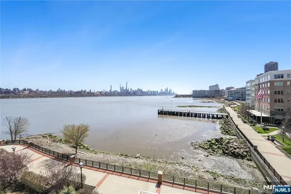 a view of a lake with a city skyline in the background