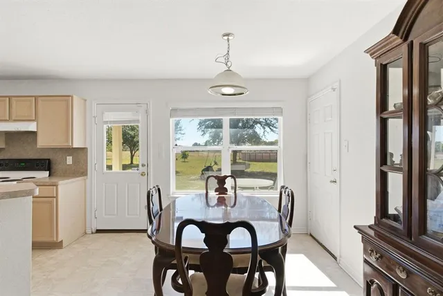 a view of a dining room with furniture window and outside view