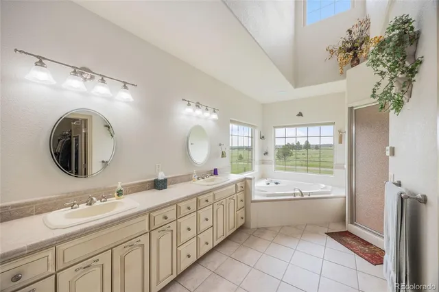 a bathroom with a double vanity sink mirror bathtub and shower