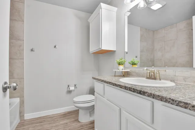 a bathroom with a granite countertop toilet sink and mirror