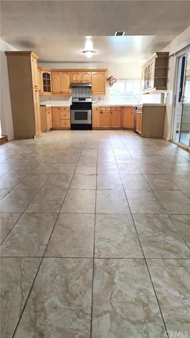 a large kitchen with stainless steel appliances a sink and cabinets