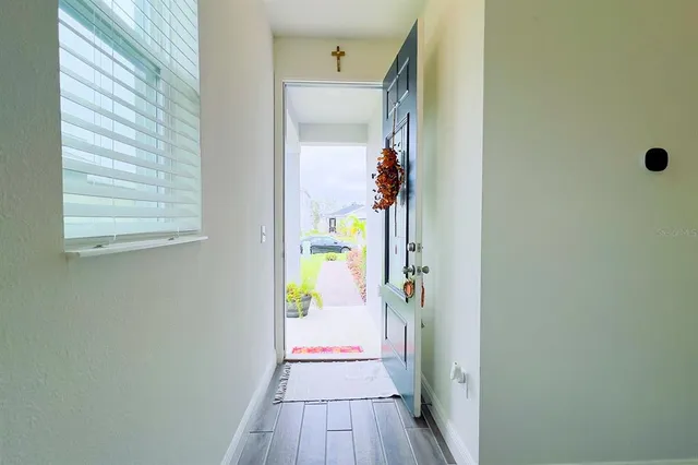 a view of a hallway with wooden floor and a potted plant