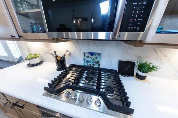 a kitchen with a stove and potted plants