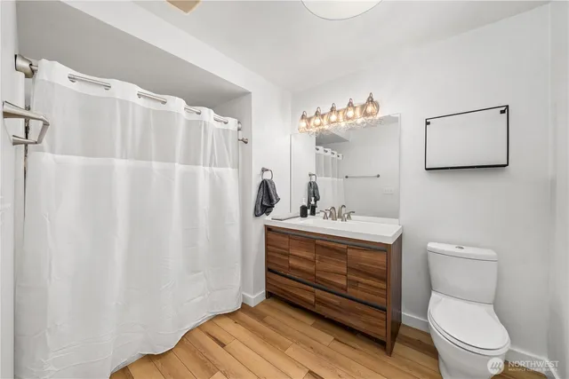 a bathroom with a sink a toilet and shower curtain