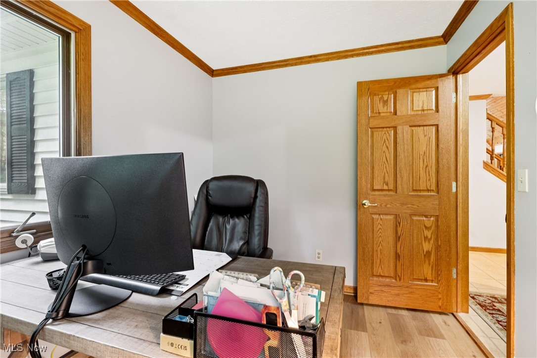Office featuring ornamental molding and wood finished floors