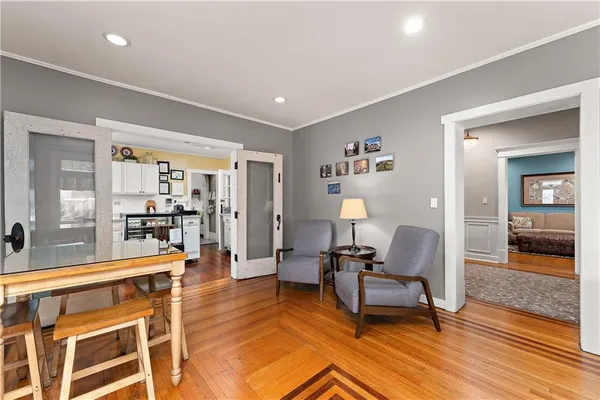 a living room with furniture and a table