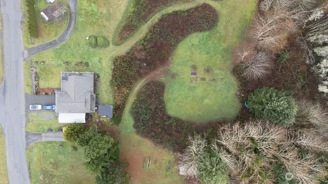 an aerial view of a swimming pool