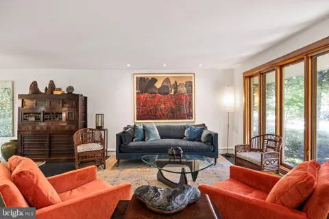 a living room with furniture a rug potted plant and a large window