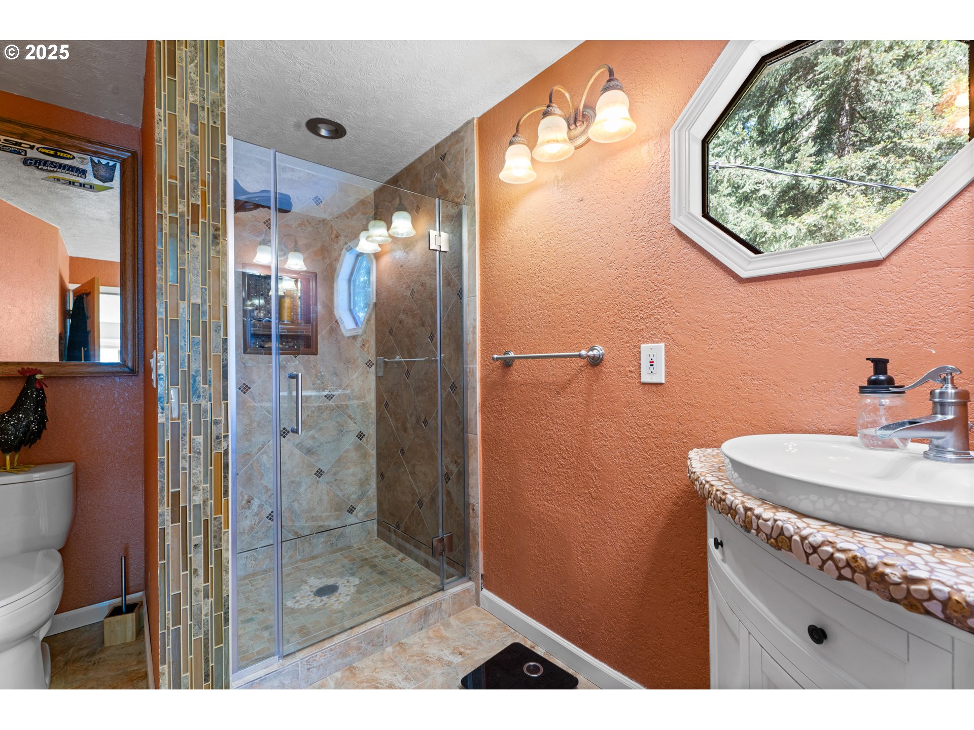 35650 Southeast Barnum Road Sandy, OR 97055 - Photo 24 of 35 a bathroom with a granite countertop sink a mirror and shower