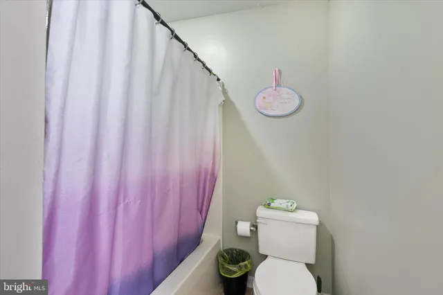 a bathroom with a toilet and a shower curtain