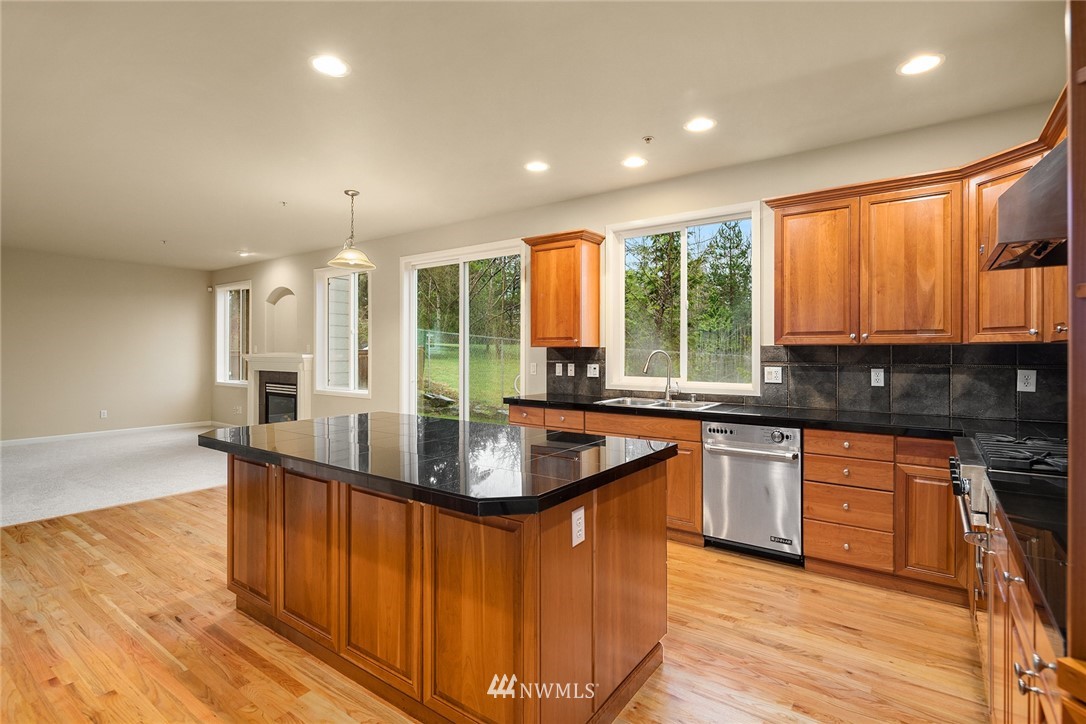 4209 Northeast 27th Place Renton, WA 98059 - Photo 17 of 35 a kitchen with stainless steel appliances granite countertop a sink a stove and a wooden floors