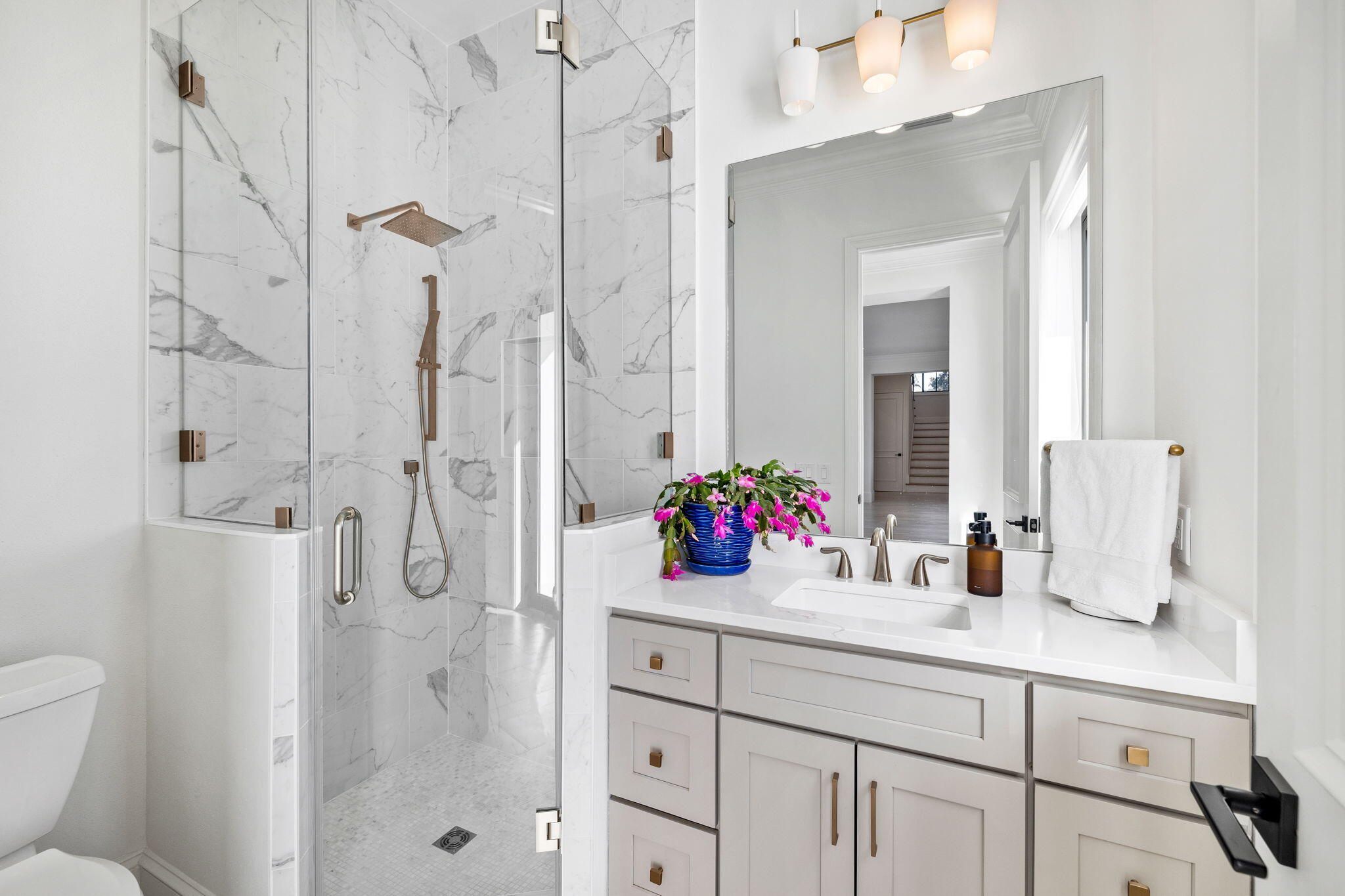 253 Driftwood Point Road Santa Rosa Beach, FL 32459 - Photo 28 of 109 a bathroom with a shower sink vanity granite and a mirror