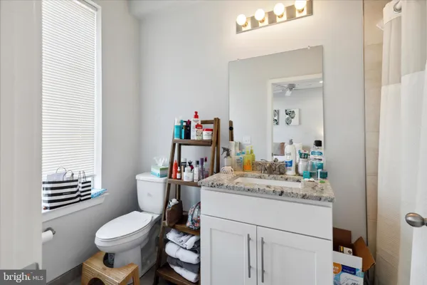 a bathroom with a sink toilet vanity and a mirror