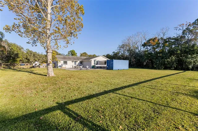 a view of swimming pool with large trees