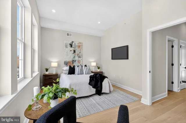 a living room with furniture and a potted plant