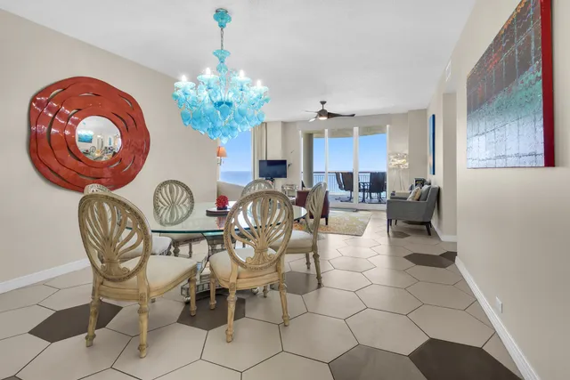 a view of a dining room with furniture