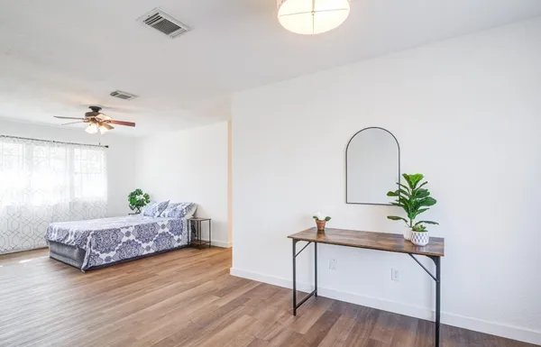 a living room with furniture and a potted plant