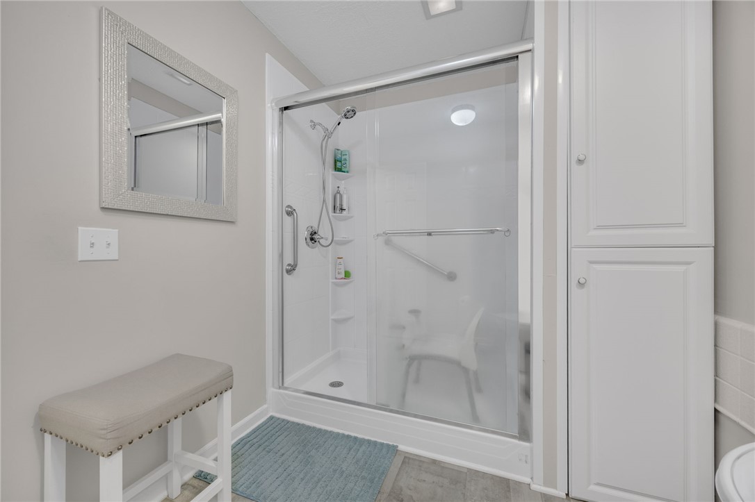 250 Rockcrest Road Cleveland, SC 29635 - Photo 22 of 37 A well-lit primary bathroom featuring a spacious shower with safety bars and integrated storage cabinetry.