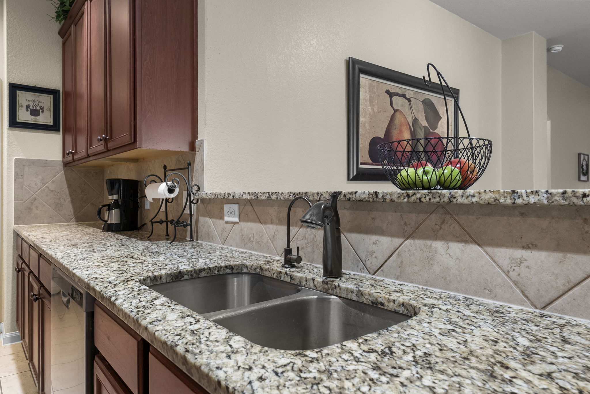 1617 Treeta Trail Kyle, TX 78640 - Photo 14 of 39 Kitchen with light stone countertops, dishwasher, and tasteful backsplash