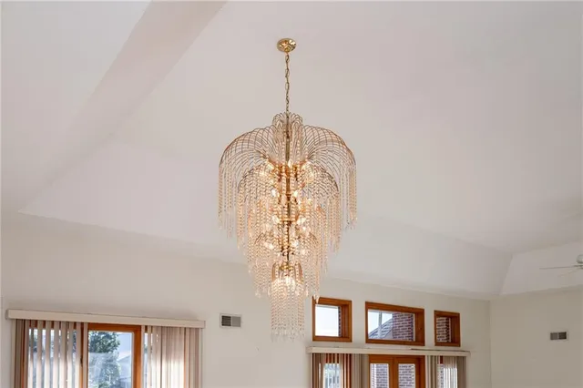 a front view of a house with a chandelier