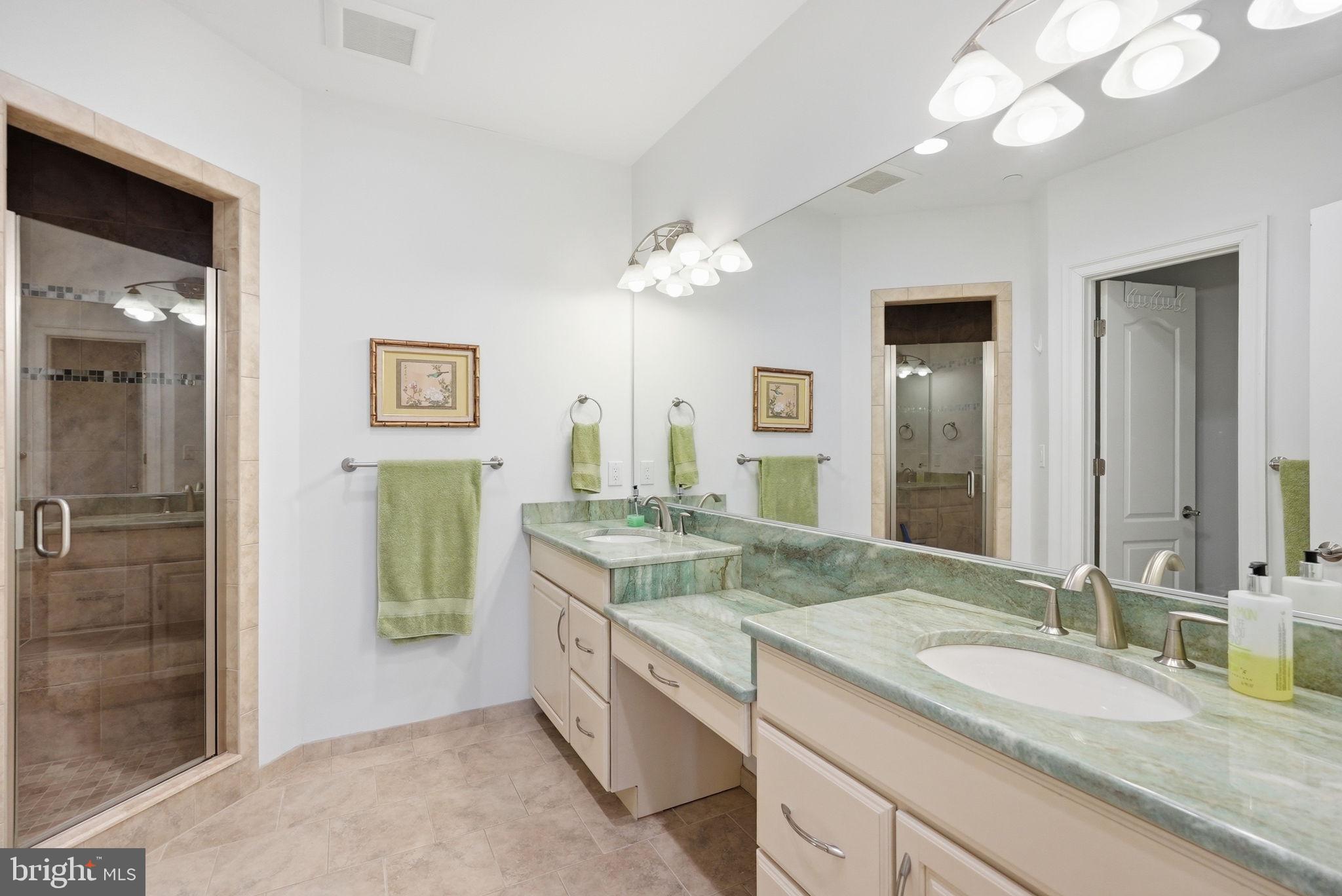 10708 Lockland Road Potomac, MD 20854 - Photo 41 of 69 a spacious bathroom with a granite countertop sink a mirror and a shower