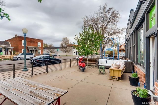 a garden view with a seating space