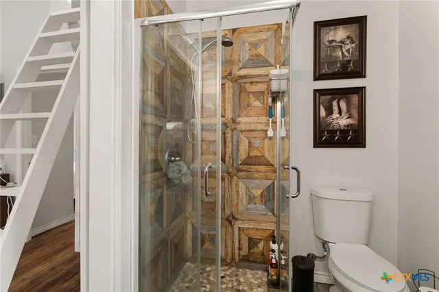 a bathroom with a toilet and a shower