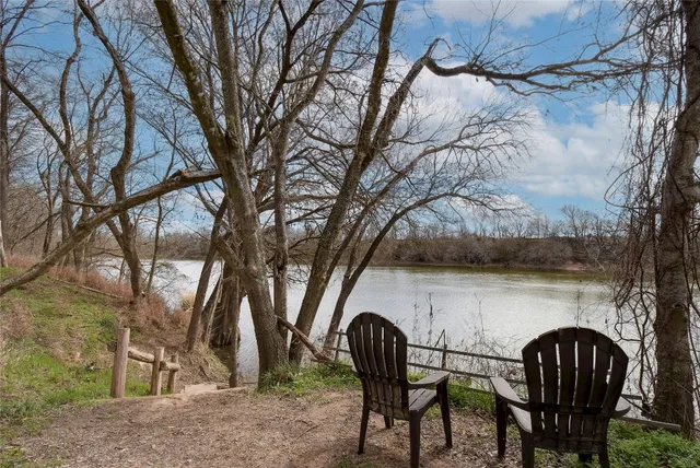 a view of backyard with table and chairs and a large tree