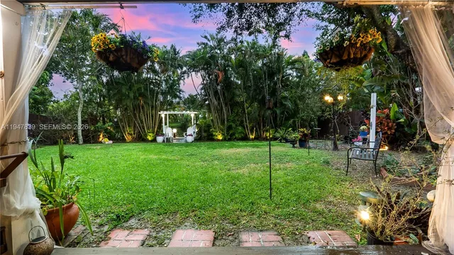 a view of a park with large trees
