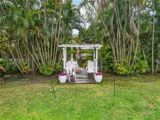 a view of a park with large trees